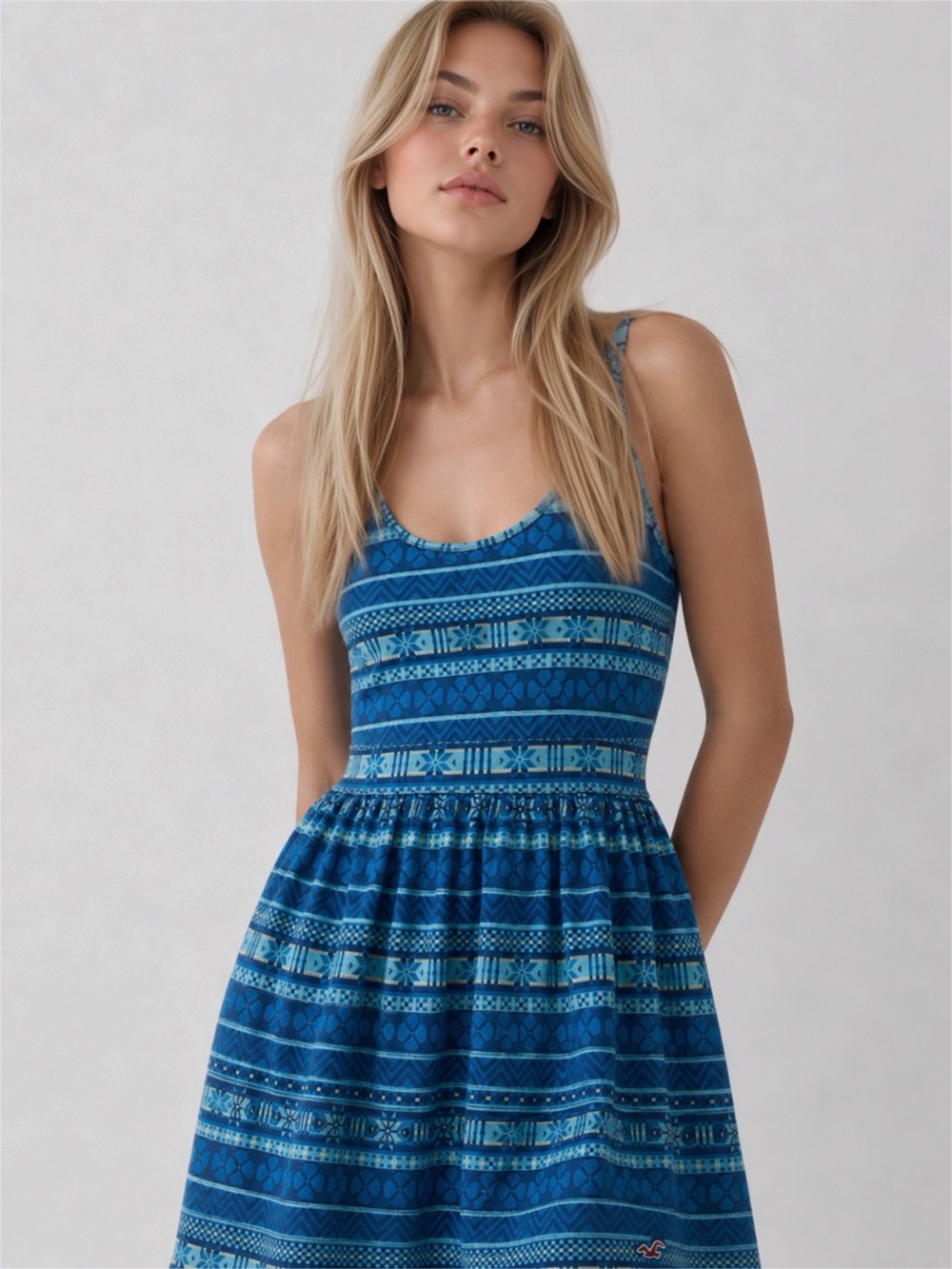Hollister Blue Striped Patterned Sleeveless  Scoop-Neck Mini Dress